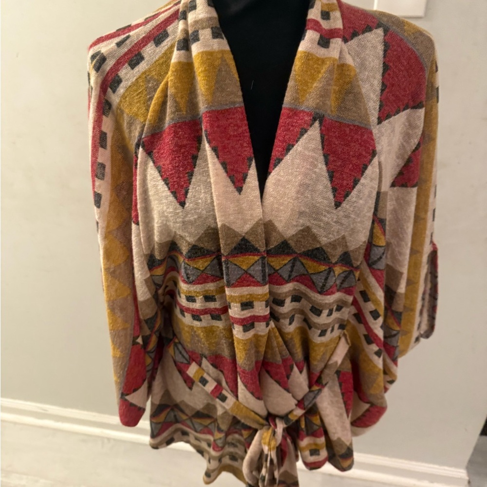 Freeway Geometric Cardigan Wrap Sweater- Red, Yellow, Cream